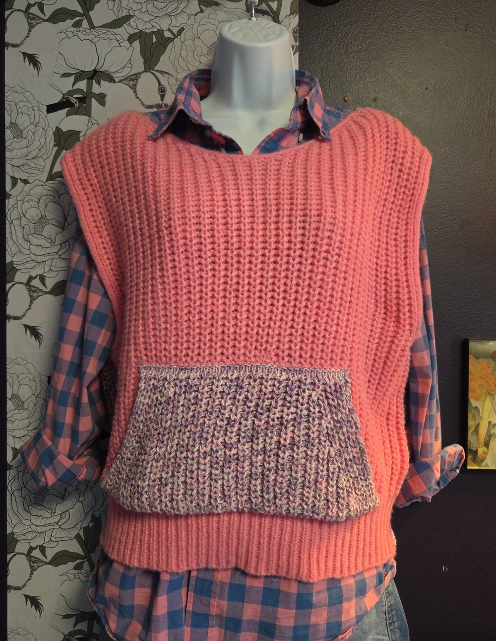 Kangaroo Pocket Pink Knit Sweater Vest with purple Back Panel NWT Sz S